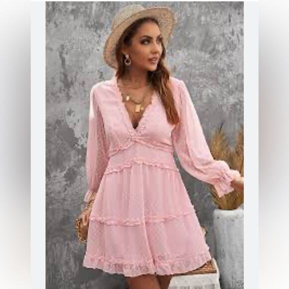 Pink Clip Dot Faux Wrap Mini Dress Size Small Ruffle Babydoll Open Back Dress - Picture 2 of 16